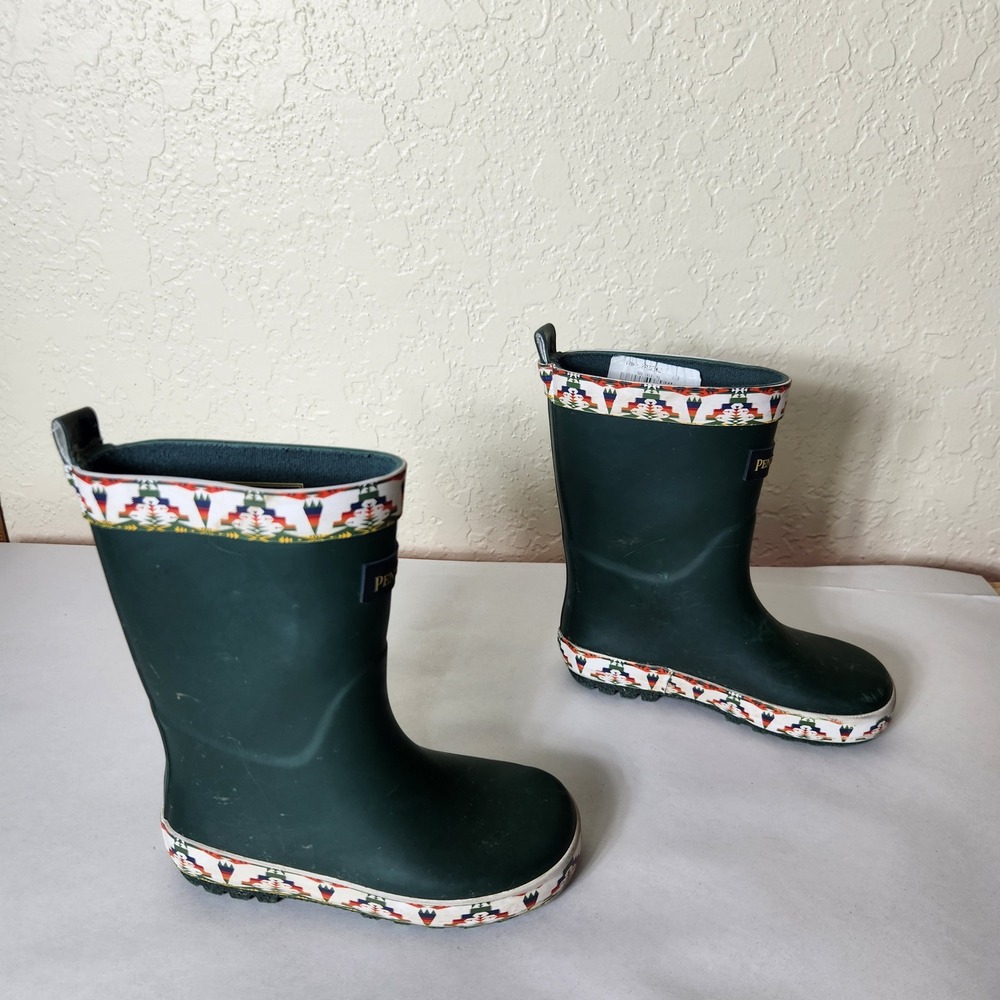 Pendleton Kids Rain Boots Green Southwestern Pattern Rubber Waterproof Size 7/8